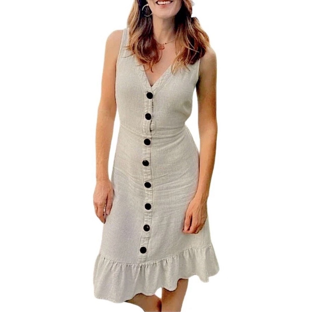 Linen Dress Button Front Midi Coastal Basics Minimal Neutral Summer Small